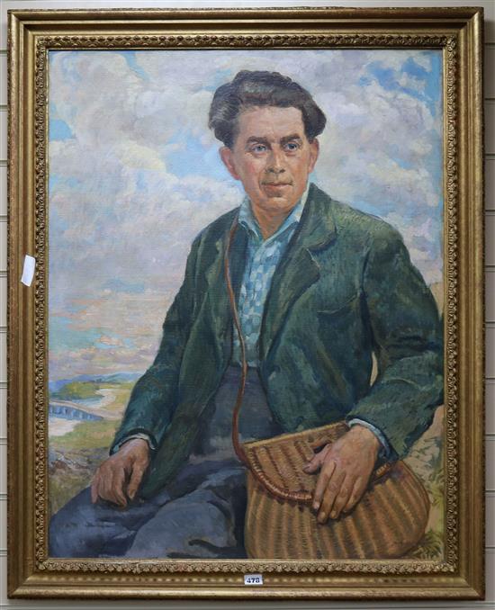 Herbert Ashwin Budd (1881-1950) Portrait of a man holdinga fishing creel, signed, 90 x 70cm.